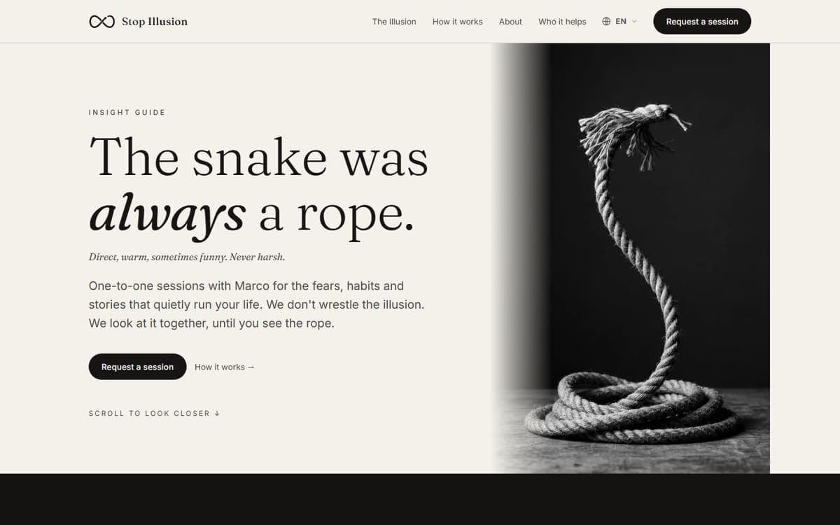 Forsiden til stopillusion.com, personlig side for en rådgiver