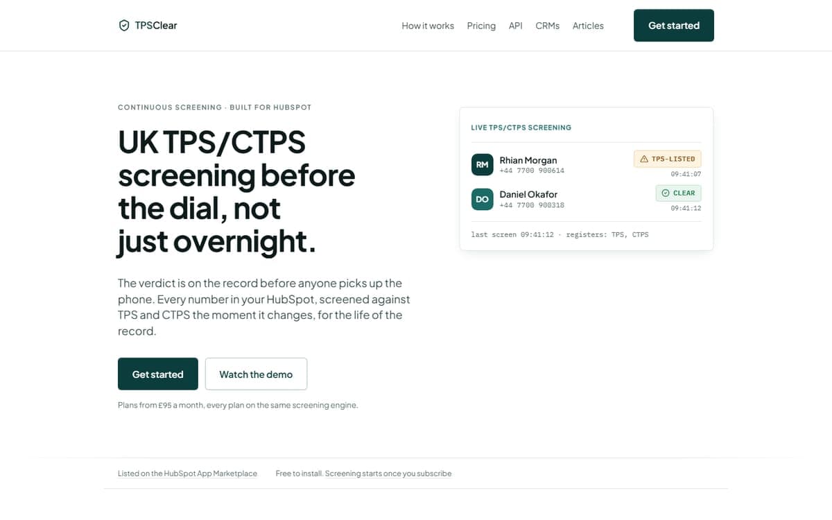 Forsiden til tpsclear.co.uk, produktside for programvare