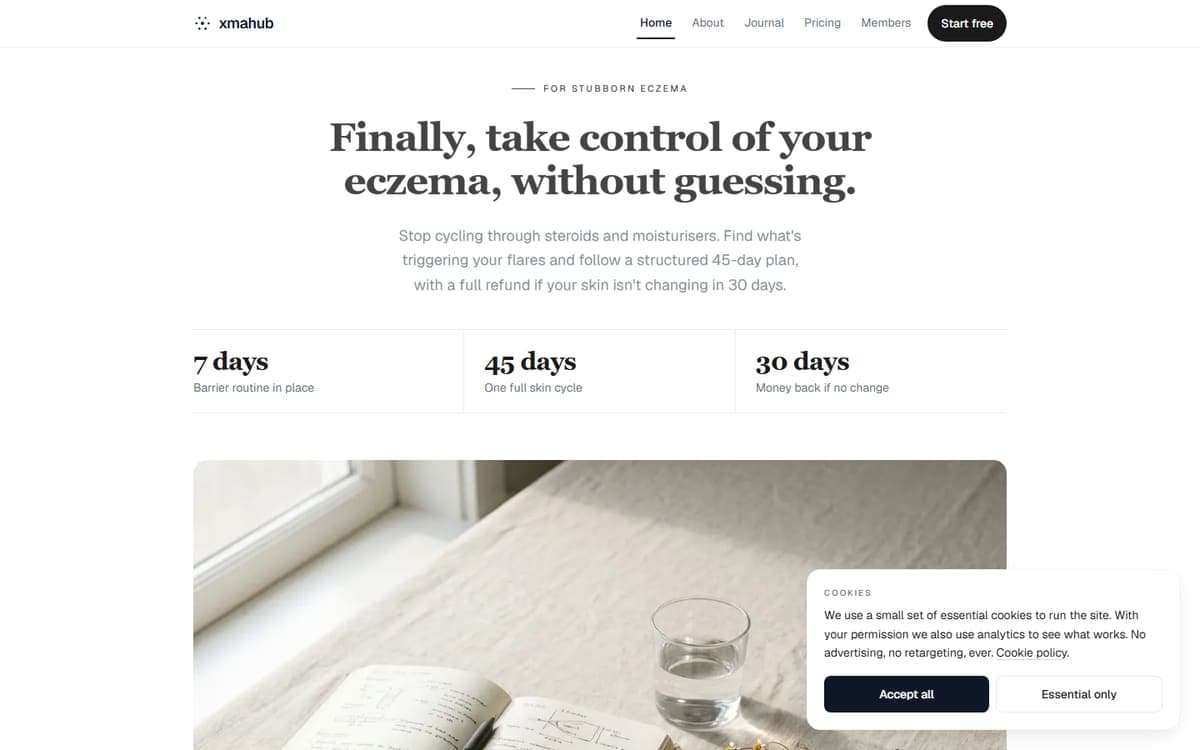 Forsiden til xmahub.com, rolig helseside med serif-overskrift